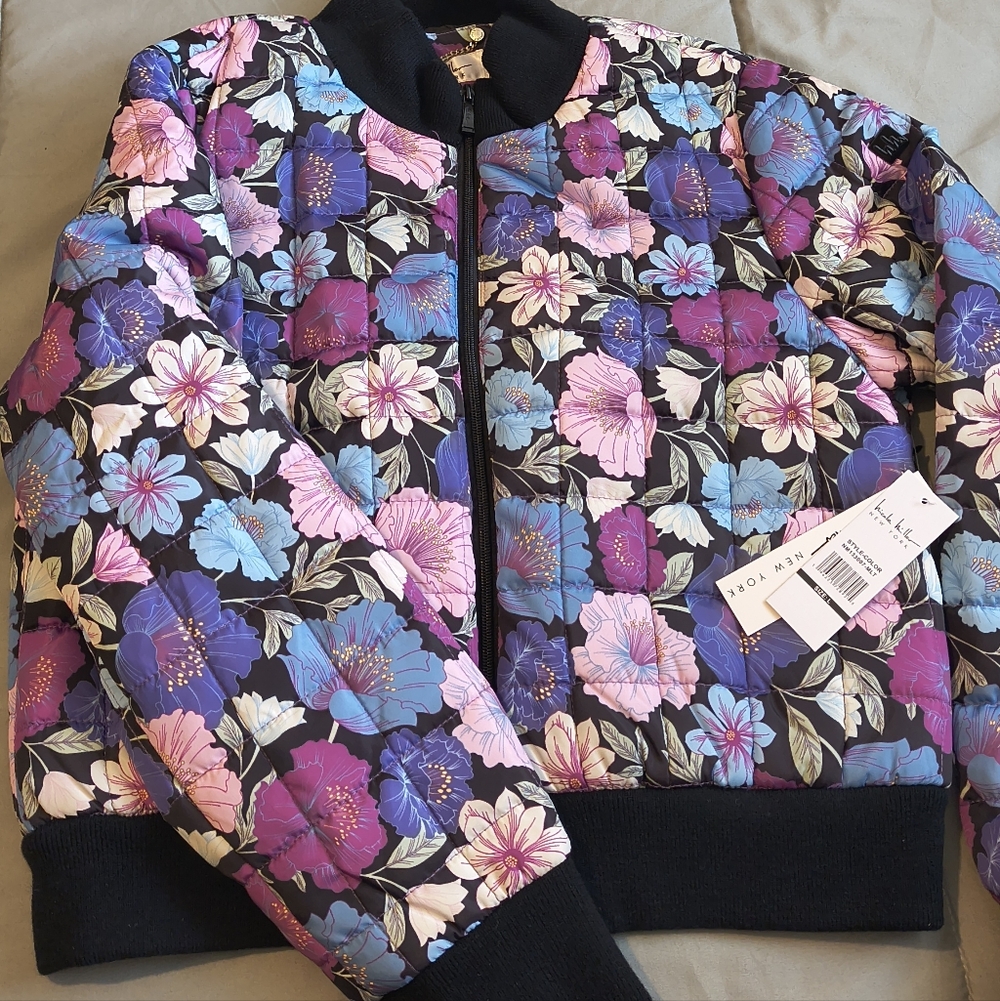 Nicole Miller Black and Purple Floral Bomber Jacket